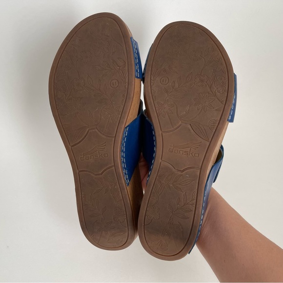 Dansko Lacee Platform Sandal Slide Shoe Cobalt Blue Burnished Leather Open Toe - Picture 11 of 12